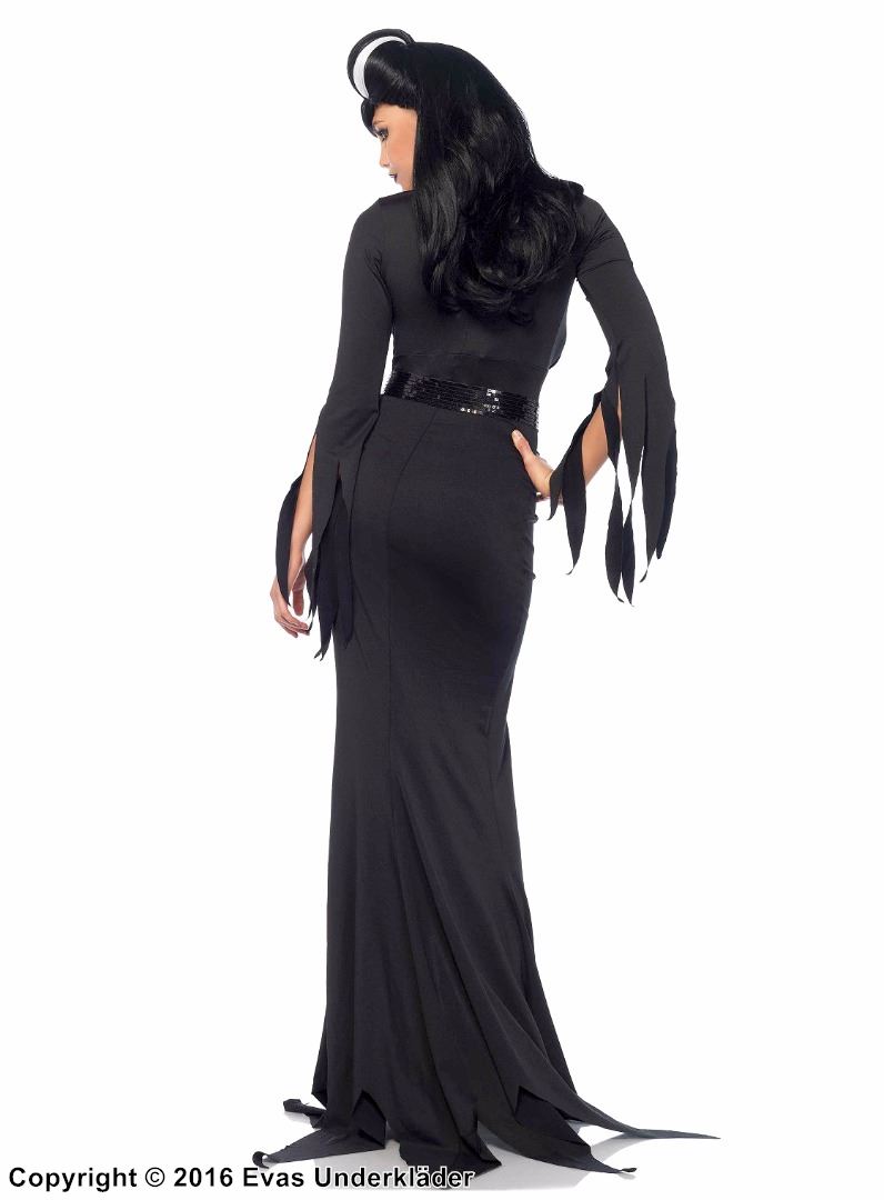 Morticia aus der Addams Family, Kostüm-Kleid, hoher Schlitz, Gürtel, zerfetzte Ärmel